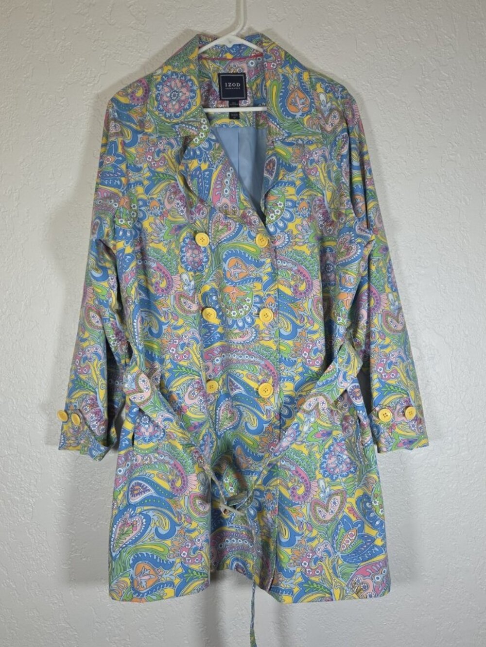 IZOD Retro Flower Power Double Breasted Trench Coat Women 1X Pastel Pockets